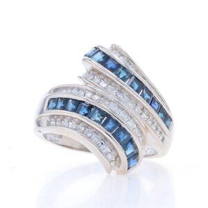 White Gold Sapphire Diamond Cluster Cocktail Bypass Ring - 14k Square 1.62ctw St